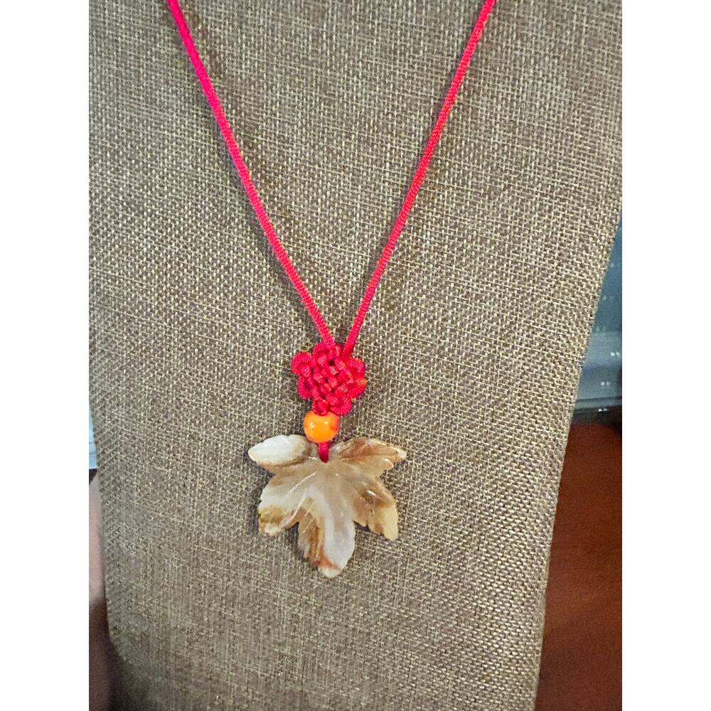 Hand Carved Chalcedony Maple Leaf Pendant Necklace Red Cord Accent - Picture 5 of 9